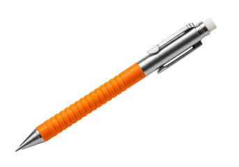 Isolated mechanical pencil with orange grip, metal body and eraser for drawing and writing