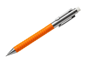 Isolated mechanical pencil with orange grip, metal body and eraser for drawing and writing