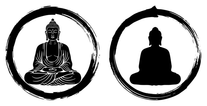 Meditating Buddha inside Zen enso circle vector icon set Buddhism meditation and enlightenment symbol