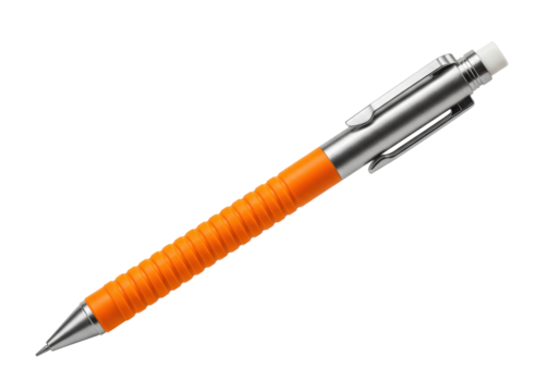 Isolated mechanical pencil with orange grip, metal body and eraser for drawing and writing