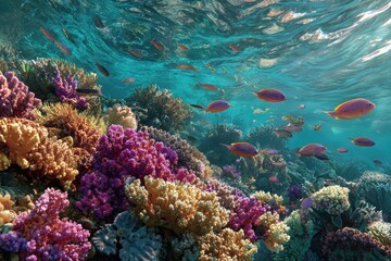 Fototapeta premium Underwater shot shows a coral reef with colorful fish swimming near the surface. Great for travel blogs, marine biology, and environmental awareness campaigns.