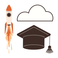 Rocket blasting off beside a graduation cap and a cloud, symbolizing knowledge, success, progress, and ambition. Ideal for education, innovation, achievement, growth opportunities future