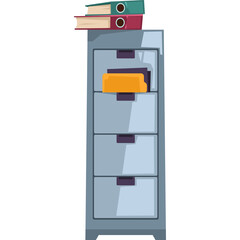 Light Blue Metal Filing Cabinet With Two Folders On Top And One Folder Inside Drawer On A White Background