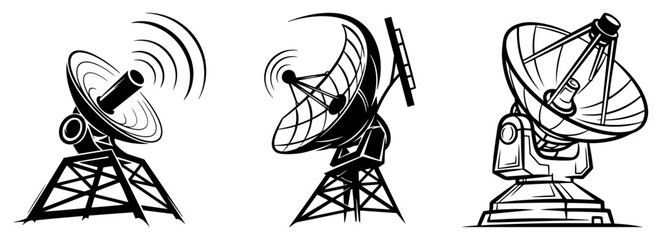 Satellite dish and radar antenna vector icon set Communication and broadcast technology symbols
