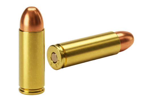 Isolated ammo cartridges, ammunition for firearm in upright position, brass bullet casing