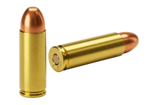 Isolated ammo cartridges, ammunition for firearm in upright position, brass bullet casing