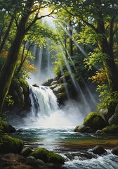 Naklejka premium Serene Waterfall Scene - Sunlight Through Forest Canopy.