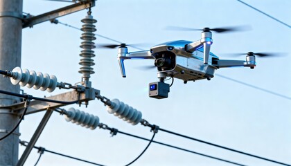 Medium shot of autonomous drones inspecting power lines equipped with sensors ensuring grid stability and preventing failures