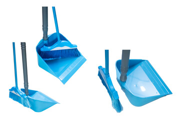Set of Blue Dustpan and Brush Cleaning Tools Isolated on Transparent Background