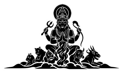 Fierce Hindu God with demons and spirits vector silhouette. Indian mythology spiritual character