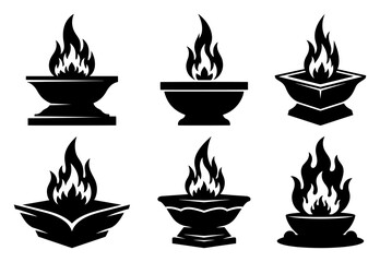 Sacred fire icon set. Ritual flame in a bowl vector silhouette for spiritual ceremony