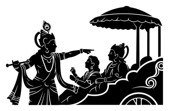 Lord Krishna giving guidance to Arjuna in the chariot. Scene from Mahabharata Bhagavad Gita vector silhouette
