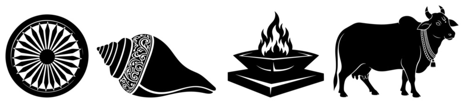 Hindu Symbols Set Chakra Wheel Conch Shell Sacred Fire and Holy Cow Black and White Vector
