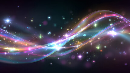 Fototapeta premium Fantasy light with prism sparkle, rainbow glow, crystal beam, lens glare, neon shine, iridescent spectrum and magical bokeh glitter on abstract transparent vector background illustration