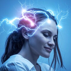 woman surrounded by electric lightning energy around head concept representing brain power creativity and focus