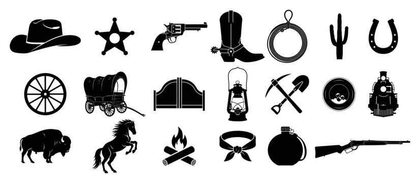Wild West and cowboy vector icon set American western symbols collection