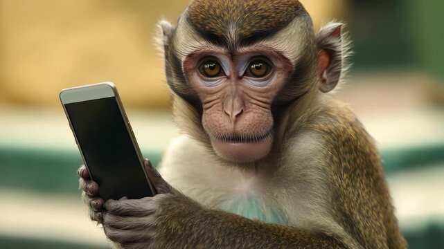 A curious monkey holding a cell phone in its hand