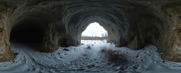 Winter panoramic view of natural limestone cave entrance. Snow covers ground inside and outside dark rock cavern. Bare trees stand against overcast sky. This geological site shows cold, raw nature.
