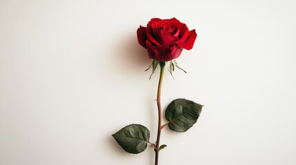 Obraz premium Fresh red rose with lush green leaves set against a simple white background showcasing natural beauty and elegance