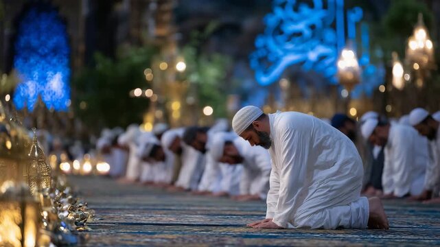 28Muslims prostrating in prayer, heads touching the carpet, soft glow of lanterns and calligraphy on walls creating a serene sacred atmosphere