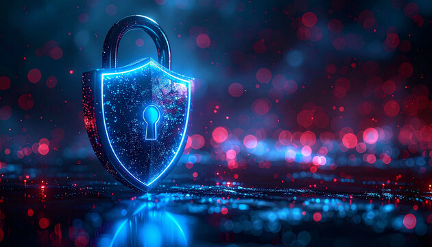 Glowing shield-shaped padlock and digital background, cybersecurity concept