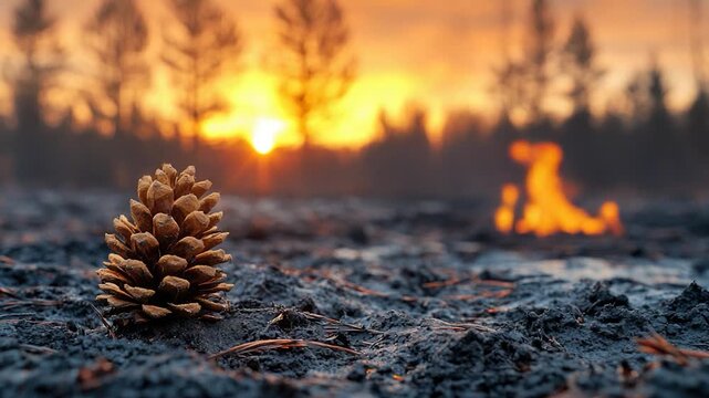 A single pine cone sits in the middle of a grassy field, surrounded by greenery