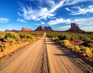 An expansive desert landscape, marked by a dirt road leading to iconic mesas. Bright blue sky with wispy clouds overhead and sparse shrubs