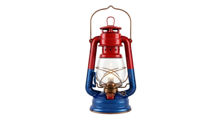 Vintage charm radiates from a classic red and blue lantern, evoking nostalgia and warmth, perfect for rustic decor or themed projects, providing soft light