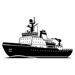 Obraz premium Striking monochromatic vector art depicting a sturdy ice-class ship, potentially an Arctic supply vessel or polar research icebreaker, equipped with advanced navigation systems and a heavy-duty crane