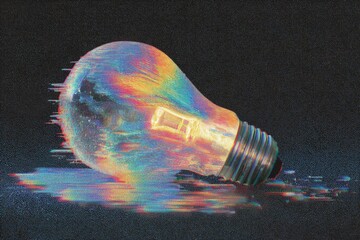 Illuminated light bulb lies on its side showing digital glitch effect with vibrant rainbow colors against a dark textured background.