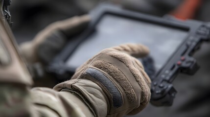 extreme close-up of soldier’s gloved hand tapping drone control tablet with live video feed