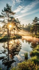 Obraz premium Early morning mist rises from a serene bog landscape with a warm sunrise breaking through the trees