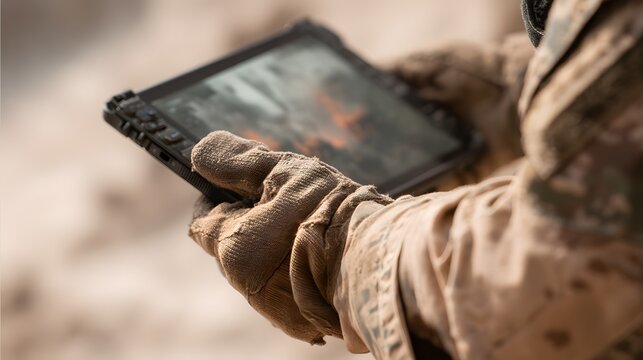 extreme close-up of soldier’s gloved hand tapping drone control tablet with live video feed - Powered by Adobe