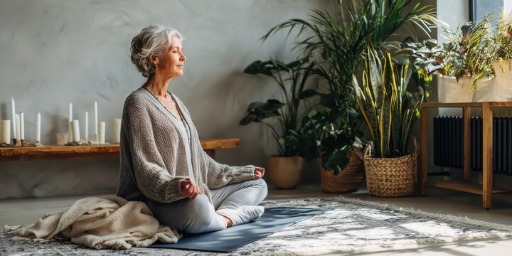 Elderly woman meditating indoors in lotus pose on yoga mat, surrounded by green plants and cozy blankets, practicing mindfulness, relaxation, and healthy lifestyle in peaceful home atmosphere.