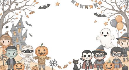 Naklejka premium Pastel Halloween Cartoon Characters Frame, Kids Halloween Haunted House Watercolor Design