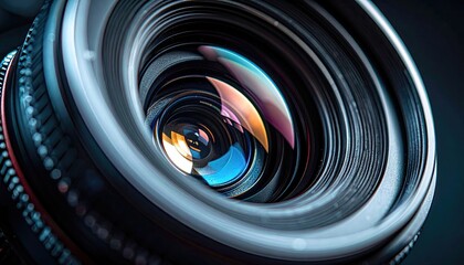 Close up of camera lens with colorful reflections showing mechanical details and aperture blades creating a bokeh effect