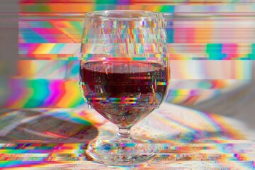 A glass of red liquid sits on a surface with vibrant rainbow color distortion and horizontal digital glitch artifacts.
