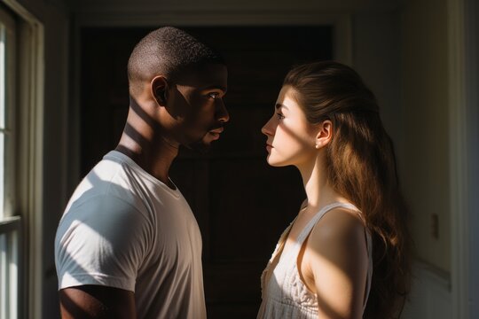 Interracial couple engaging in a heated argument  exploring racial perspectives and communication