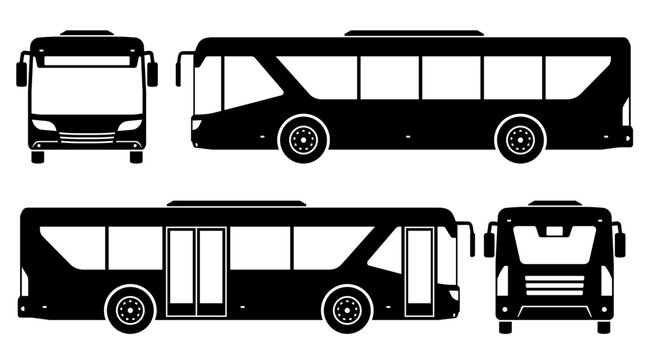 Fototapeta Black and white vector icons of a city bus shown from different angles - side, front and rear view. Simple, clean silhouette style for easy use in design projects.