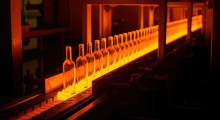 Glass bottles moving along a conveyor belt in a factory during glass manufacturing process