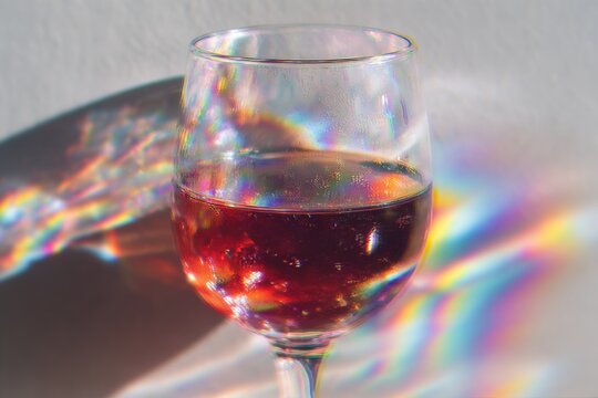 Close up of a wine glass containing red liquid shows vibrant rainbow light refraction effects on a pale background. - Powered by Adobe