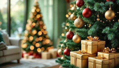 Decorated christmas tree with red and gold ornaments and golden gifts in a cozy home setting, with a blurred background and bokeh lights