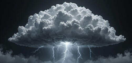 Dramatic storm cloud with multiple powerful lightning strikes illuminating a dark sky, showcasing intense weather and natural power