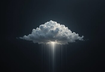 Dramatic white cumulus cloud with ethereal light rays descending against a dark, mysterious sky
