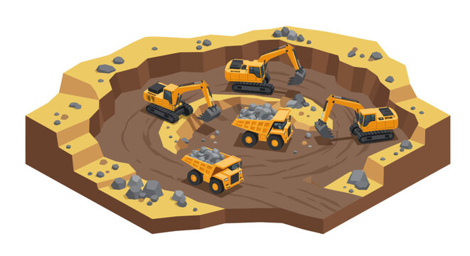 Isometric construction site with excavators and dump trucks in quarry setting