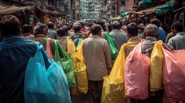 Crowded marketplace scene with people carrying colorful plastic bags on a bustling street