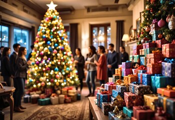 A festive christmas tree adorned with colorful lights and ornaments, surrounded by blurred people and a large stack of wrapped holiday gifts