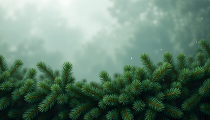 misty forest morning with evergreen trees and snow