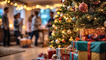 Close-up of a beautifully decorated christmas tree with glowing lights and wrapped gifts, with blurred people celebrating a holiday party in the background