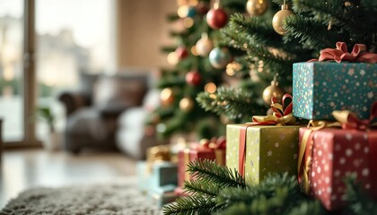 Close-up of colorful wrapped christmas presents under a decorated tree in a cozy living room